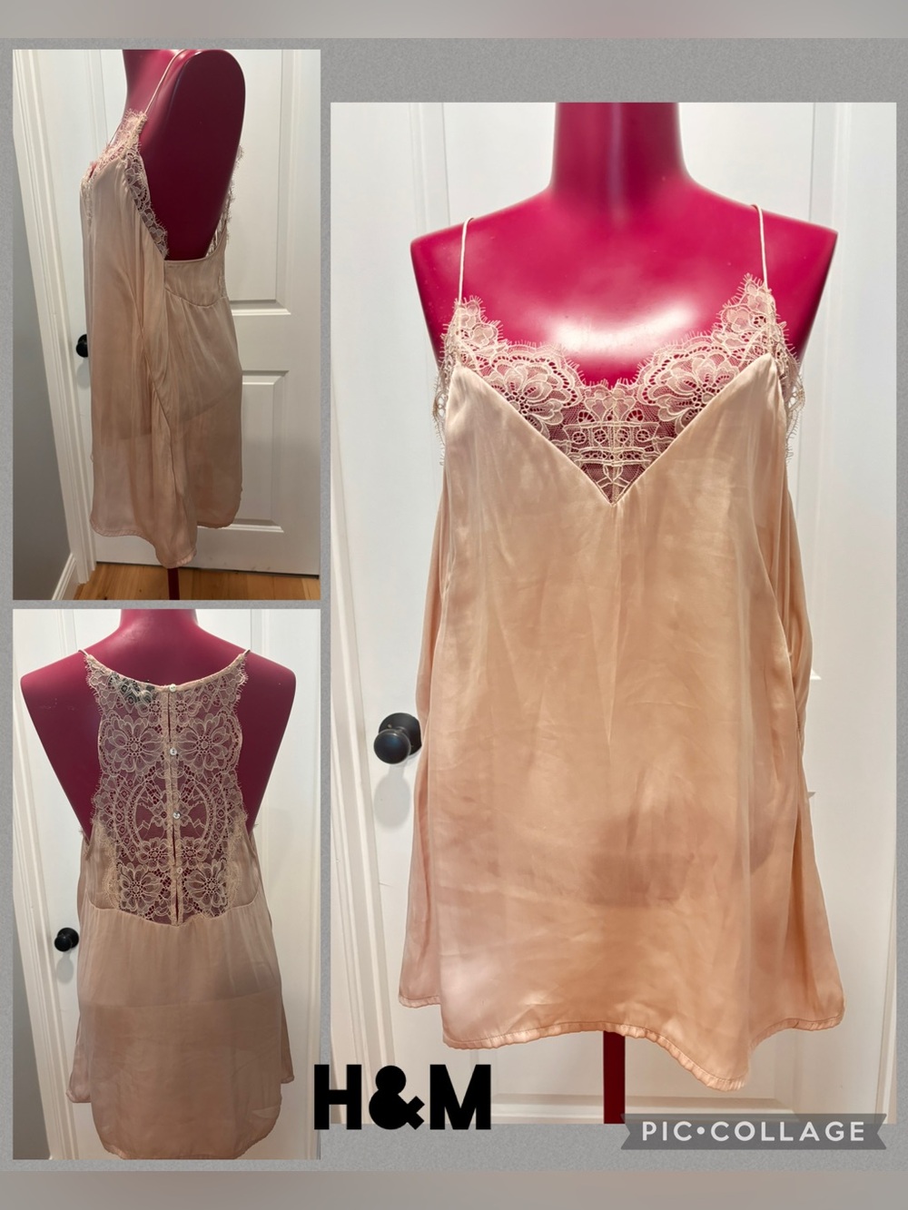 H&M Women's Lace Trim Satin Slip tunic top blush pink